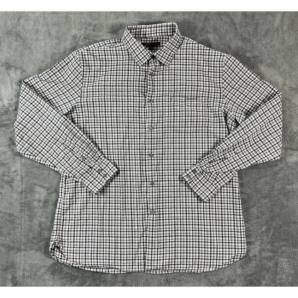 John Varvatos Shirt Mens XL Gray Black Long Sleeve Button Up Plaid Check Casual